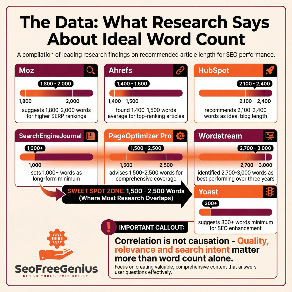 Word count research data infographic: Moz 1,800-2,000 words, Ahrefs avg 1,400-1,500 words, HubSpot 2,100-2,400 words, SearchEngineJournal 1,000+ words, PageOptimizer Pro 1,500-2,500 words, Wordstream 2,700-3,000 words best over 3 years, Yoast 300+ minimum; Important caveat - Correlation ≠ causation, focus on quality + search intent; SEOFreeGenius branding.