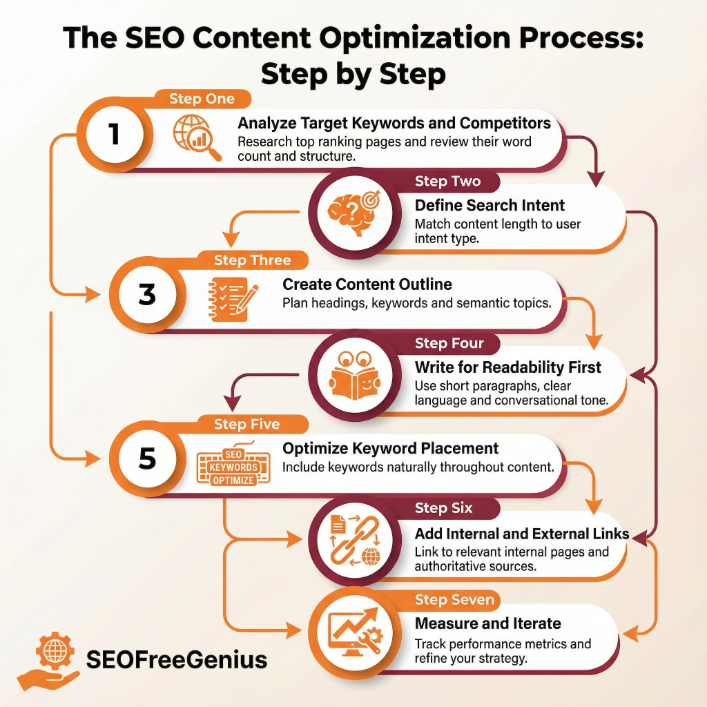 6-step SEO content optimization process flowchart: 1. Analyze target keywords & competitors, 2. Define search intent & content length, 3. Create content outline with semantic topics, 4. Write readable content, 5. Optimize keyword placement, 6. Add internal/external links & measure performance; SEOFreeGenius branding.