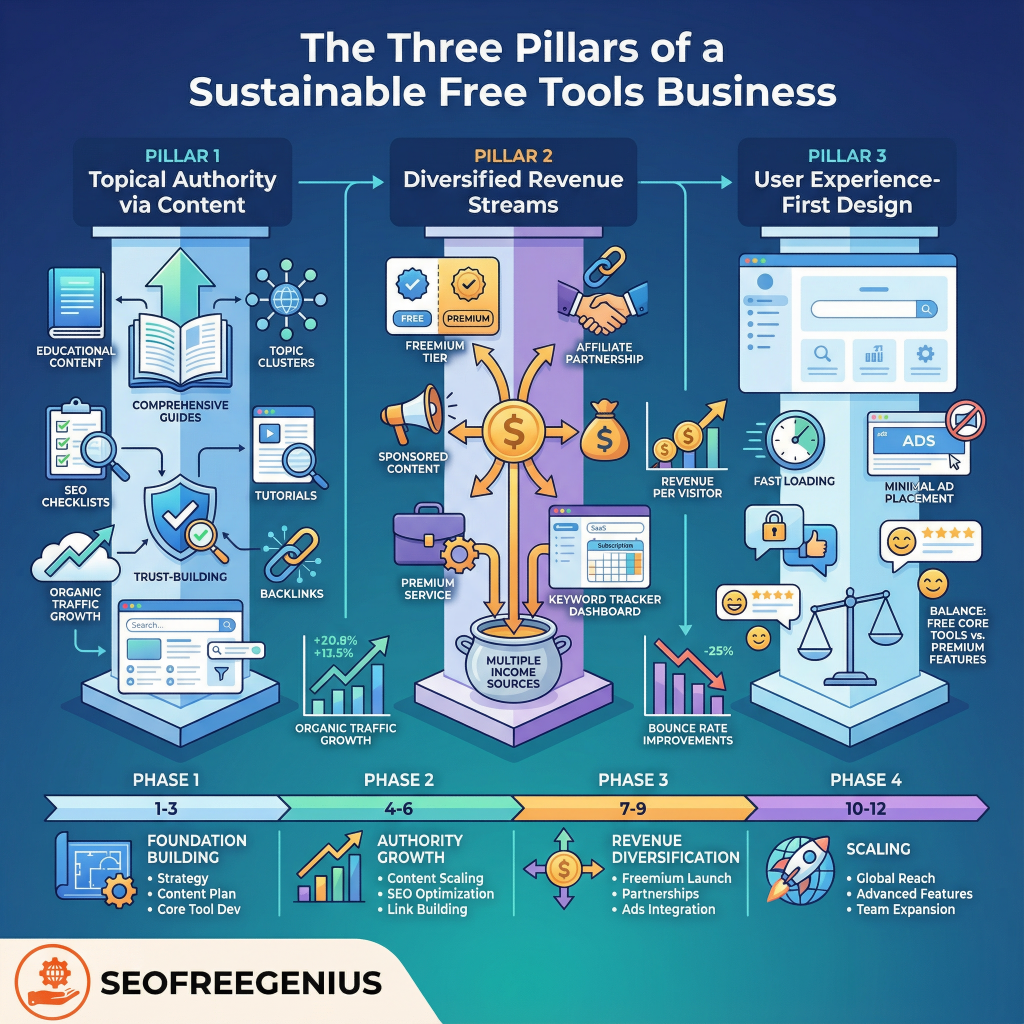 Infographic: The three pillars of sustainable free SEO tools business - Topical authority via content, revenue diversification streams, user experience-first design with 12-month roadmap by SEOFreeGenius