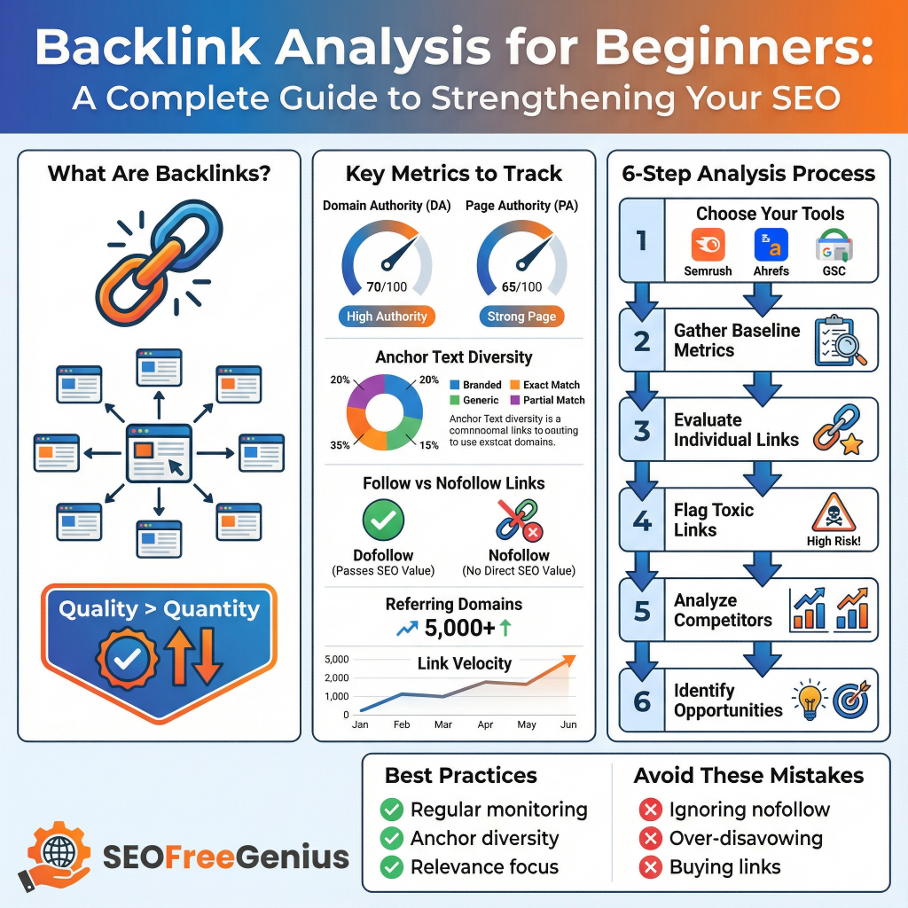 Infographic: "Backlink Analysis for Beginners - Complete Guide to Strengthening Your SEO" showing key metrics (Domain Authority, Anchor Text, Follow/Nofollow), 6-step analysis process, and SEOFreeGenius best practices.
