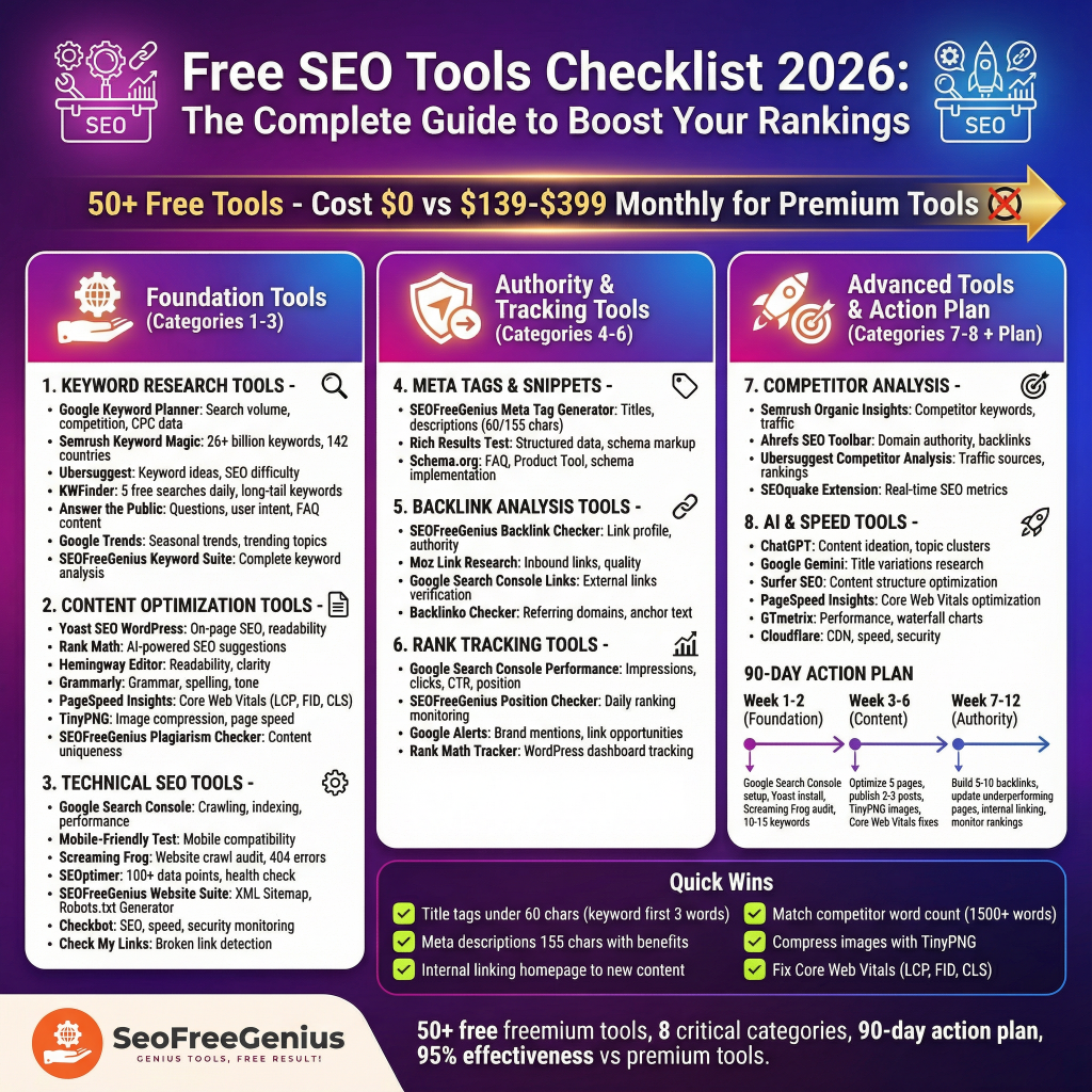 Infographic: Free SEO Tools Checklist 2026 by SEOFreeGenius showing 50+ free tools vs $39/month premium, organized in 9 categories including keyword research, meta tags, technical SEO, 90-day action plan to boost Google rankings.