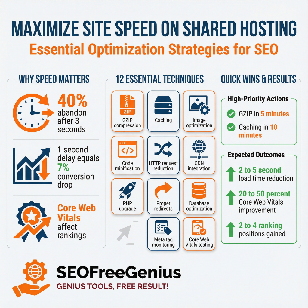 Infographic: Maximize site speed on shared hosting showing why speed matters (40% bounce rate reduction), 12 essential techniques (GZIP, caching, image optimization, minify CSS, CDN), quick wins (GZIP in 5 mins), and SEOFreeGenius tools integration for Core Web Vitals improvement.
