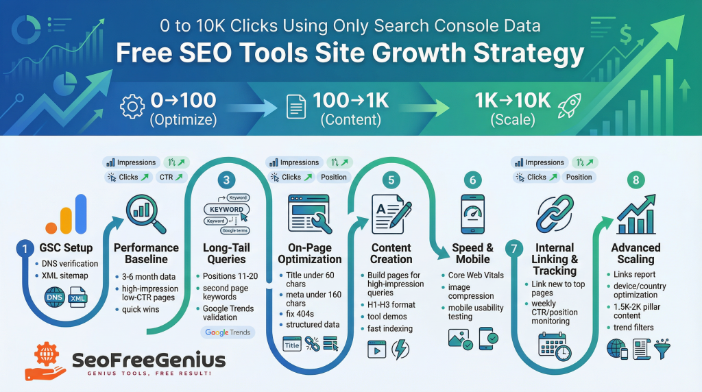 Colorful infographic titled “Free SEO Tools Site Growth Strategy – 0 to 10K Clicks Using Only Search Console Data,” outlining an 8‑step Google Search Console–based SEO process including GSC setup, performance baseline, long‑tail queries, on‑page optimization, content creation, mobile speed, internal linking, and advanced scaling for a free SEO tools website.