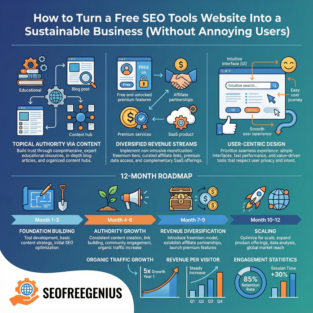 Infographic: How to turn free SEO tools website into sustainable business without annoying users - 12-month roadmap with education content, premium features, SaaS products by SEOFreeGenius