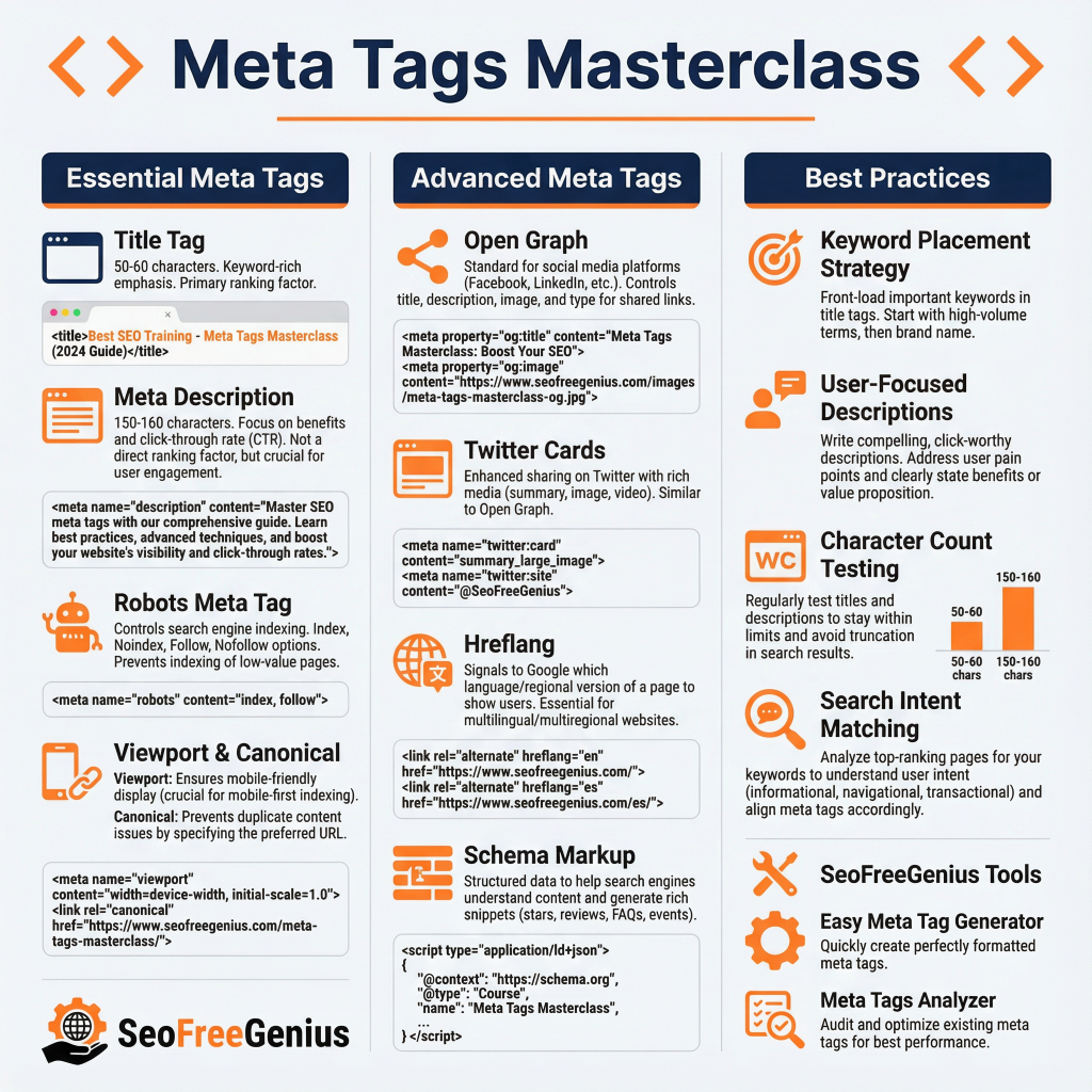  Infographic: Meta Tags Masterclass overview showing essential meta tags (title, description, robots, viewport), advanced tags (Open Graph, Twitter Cards, hreflang, Schema), best practices (keyword placement, WC testing), and SeoFreeGenius tools.