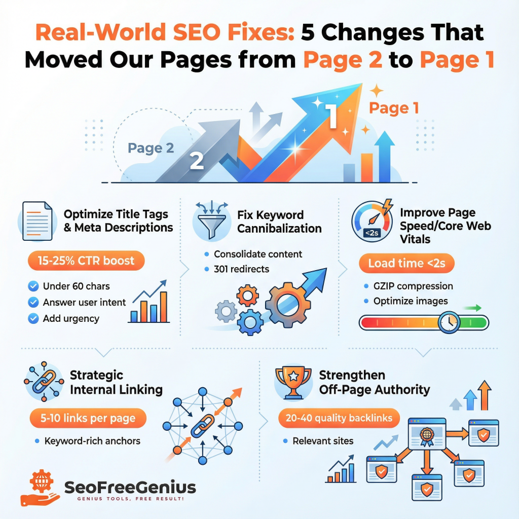  Infographic: Real-World SEO Fixes - 5 Changes That Moved Our Pages from Page 2 to Page 1. Shows title/meta optimization, keyword cannibalization fixes, page speed improvements, strategic internal linking, and authority backlinks using SEOFreeGenius tools.