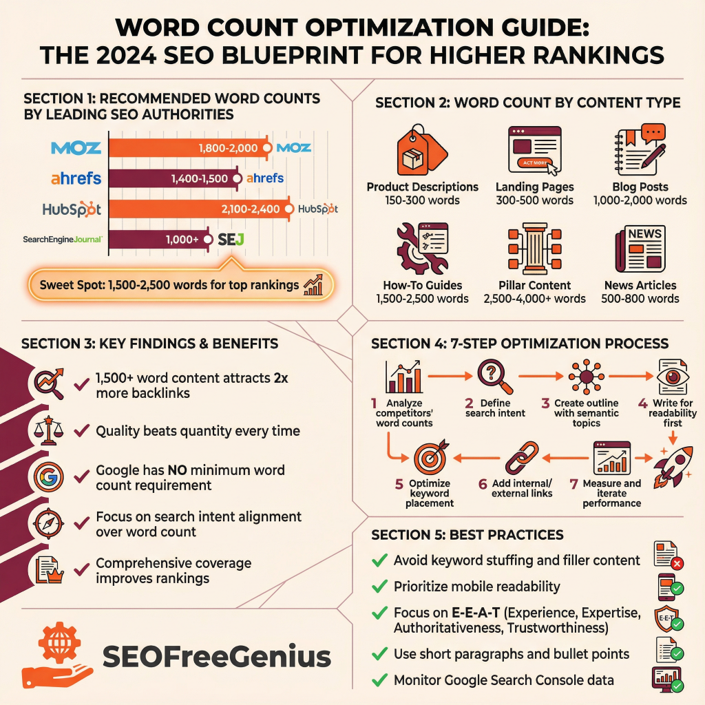 Word count optimization guide infographic showing 2024 SEO blueprint: Moz recommends 1,800-2,000 words, Ahrefs 1,400-1,500, HubSpot 2,100-2,400; content types from 150-word product descriptions to 4,000+ pillar content; 6-step optimization process; SEOFreeGenius tools branding.