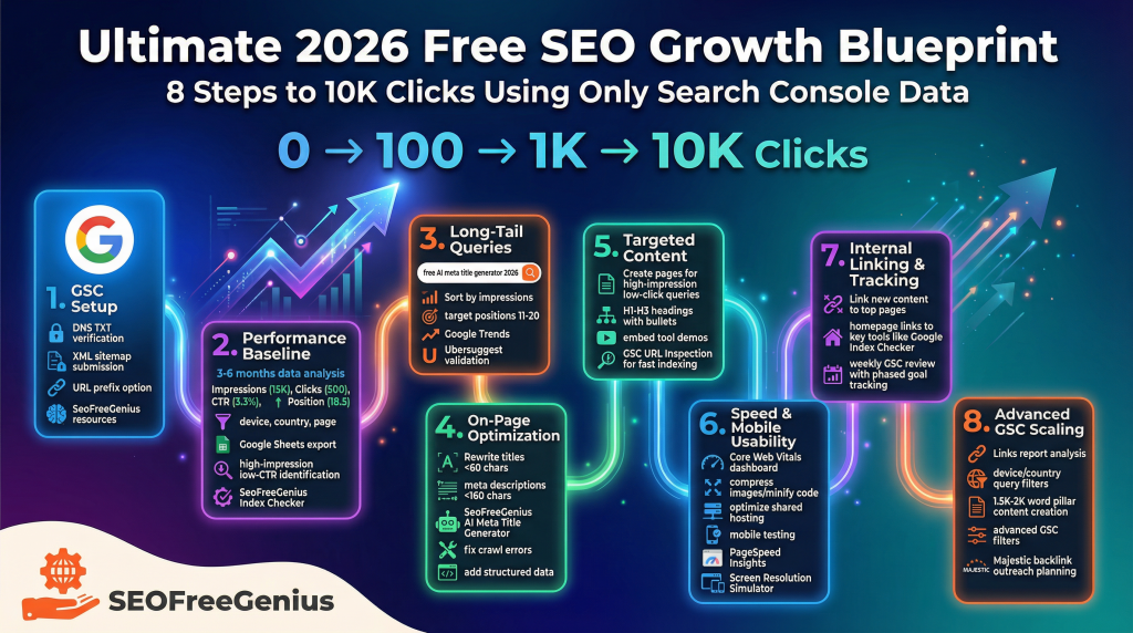 Colorful infographic titled “Ultimate 2026 Free SEO Growth Blueprint – 8 Steps to 10K Clicks Using Only Search Console Data,” outlining an 8‑step Google Search Console–based strategy including GSC setup, performance baseline, long‑tail queries, on‑page optimization, targeted content, mobile usability, internal linking, and advanced GSC scaling for SEOFreeGenius.