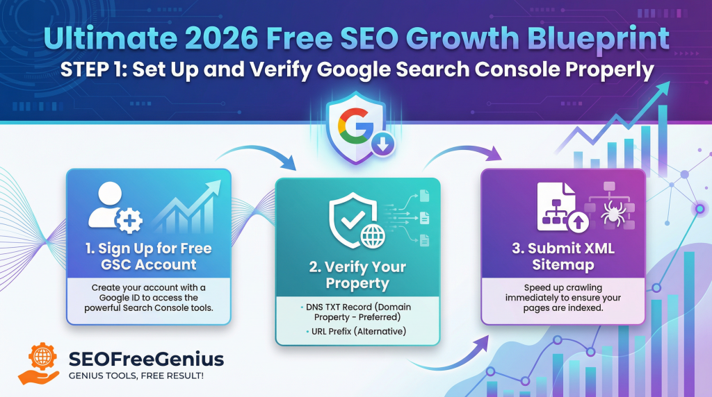 Infographic titled “Ultimate 2026 Free SEO Growth Blueprint Step 1: Set up and Verify Google Search Console Property,” detailing three sub‑steps: sign up for free GSC account with Google access, verify your domain (preferred) or URL alternative, and submit sitemap XML immediately to ensure GSC indexing for SEOFreeGenius.