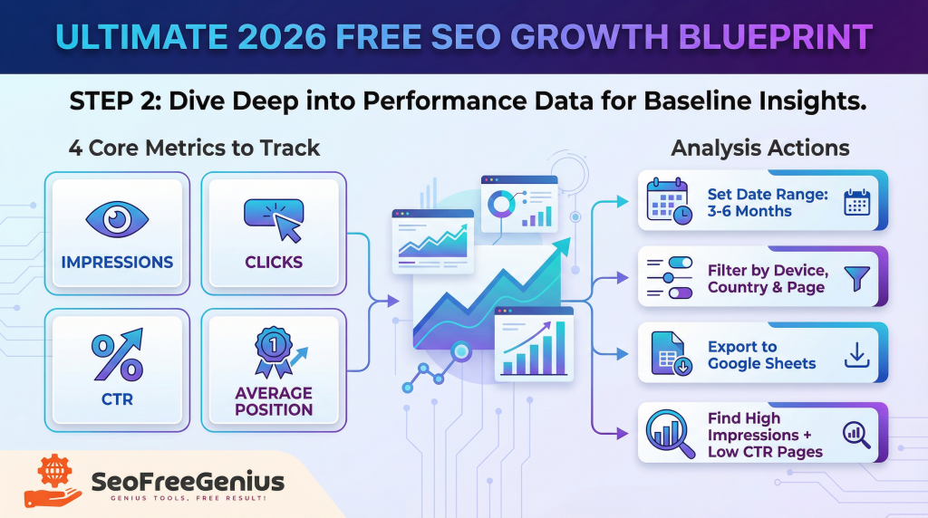 Infographic titled “Ultimate 2026 Free SEO Growth Blueprint Step 2: Dive Deep into Performance Data for Baseline Insights,” highlighting four core GSC metrics to track—Impressions, Clicks, CTR, Average Position—with instructions to analyze 3‑6 months data, set date range, filter by page/country/device, export to Google Sheets, and find high/low impression or CTR pages for SEOFreeGenius.