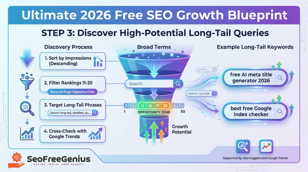 Infographic titled “Ultimate 2026 Free SEO Growth Blueprint Step 3: Discover High‑Impression Broad Term Long‑Tail Queries Keywords,” illustrating a process to sort by impressions descending, filter rankings 11‑50, select top long‑tail searches, cross‑check with Google Trends, using tools like 2026 free AI meta long‑tail generator and best Google index checker for opportunity zone potential in SEOFreeGenius.