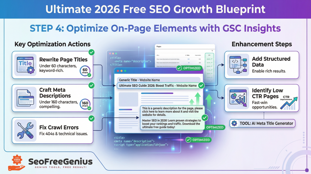Infographic titled “Ultimate 2026 Free SEO Growth Blueprint Step 4: Optimize On‑Page Elements with GSC Insights,” showing key actions: rewrite page titles under 60 characters, craft meta descriptions under 160 characters, fix crawl errors and technical issues, optimize H1s with keyword‑rich data, add structured schema results, using TOOL AI title generator for SEOFreeGenius.
