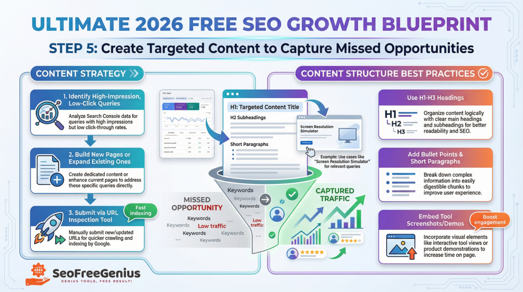 Infographic titled “Ultimate 2026 Free SEO Growth Blueprint Step 5: Create Targeted Content to Capture Missed Opportunities,” depicting best practices: list low‑query pages with high impressions, build new pages, craft H1 content titles/subheads, H2 with schema, add bullet points and embedded tools for keyword traffic capture in SEOFreeGenius.