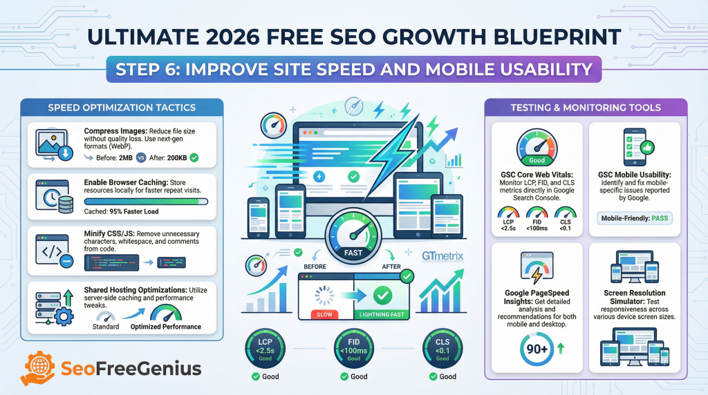 Infographic titled “Ultimate 2026 Free SEO Growth Blueprint Step 6: Improve Site Speed and Mobile Usability,” featuring tactics for pages using low impressions: enable GZIP/Brotli compression, reduce CSS/JS/image loads, cache headers, check Core Web Vitals, Google PageSpeed Insights, mobile‑friendly test targeting LCP/FCP/CLS scores above 90% for SEOFreeGenius.