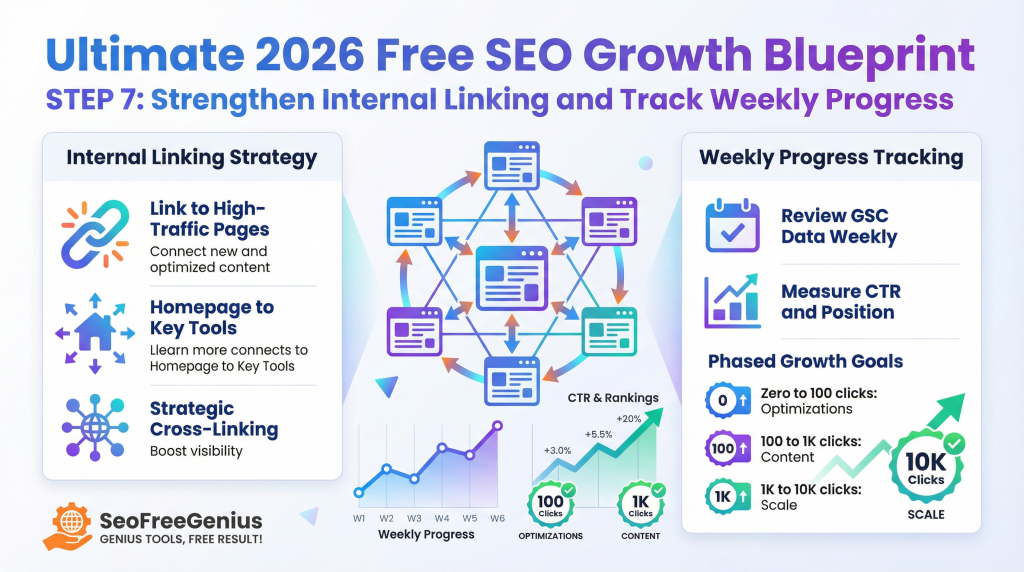Infographic titled “Ultimate 2026 Free SEO Growth Blueprint Step 7: Strengthen Internal Linking and Track Weekly Progress,” illustrating internal links from high‑traffic pages/homepage/key tools to optimized pages, strategic cross‑linking, weekly GSC reviews measuring CTR and position growth from 0 to 100 to 10K clicks for SEOFreeGenius.