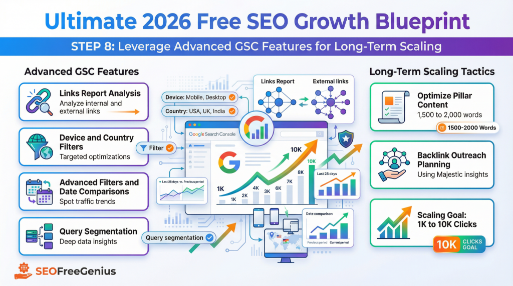 Infographic titled “Ultimate 2026 Free SEO Growth Blueprint Step 8: Leverage Advanced GSC Features for Long‑Term Scaling,” covering advanced tactics: link research analysis/device/country filters, speed‑affected filters, country filters (India/USA/Canada), query segmentation, deep GSC insights, content pillar planning optimizing 1500 to 2000+ words for 10K clicks in SEOFreeGenius.