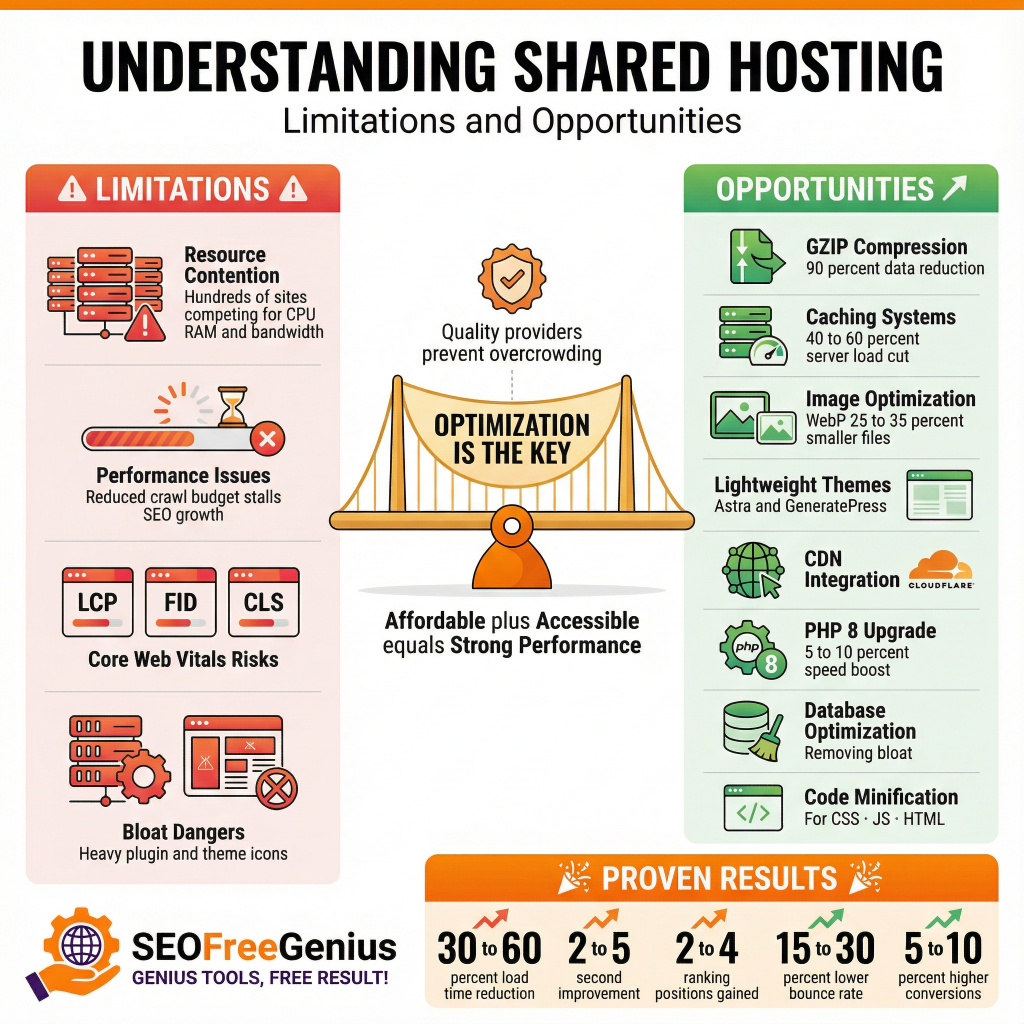 Infographic: Shared hosting limitations (resource contention, crawl budget issues, Core Web Vitals risks) vs optimization opportunities (GZIP, caching, CDN, PHP 8). SEOFreeGenius tools achieve 30-60% load time reduction, 2-4 ranking gains