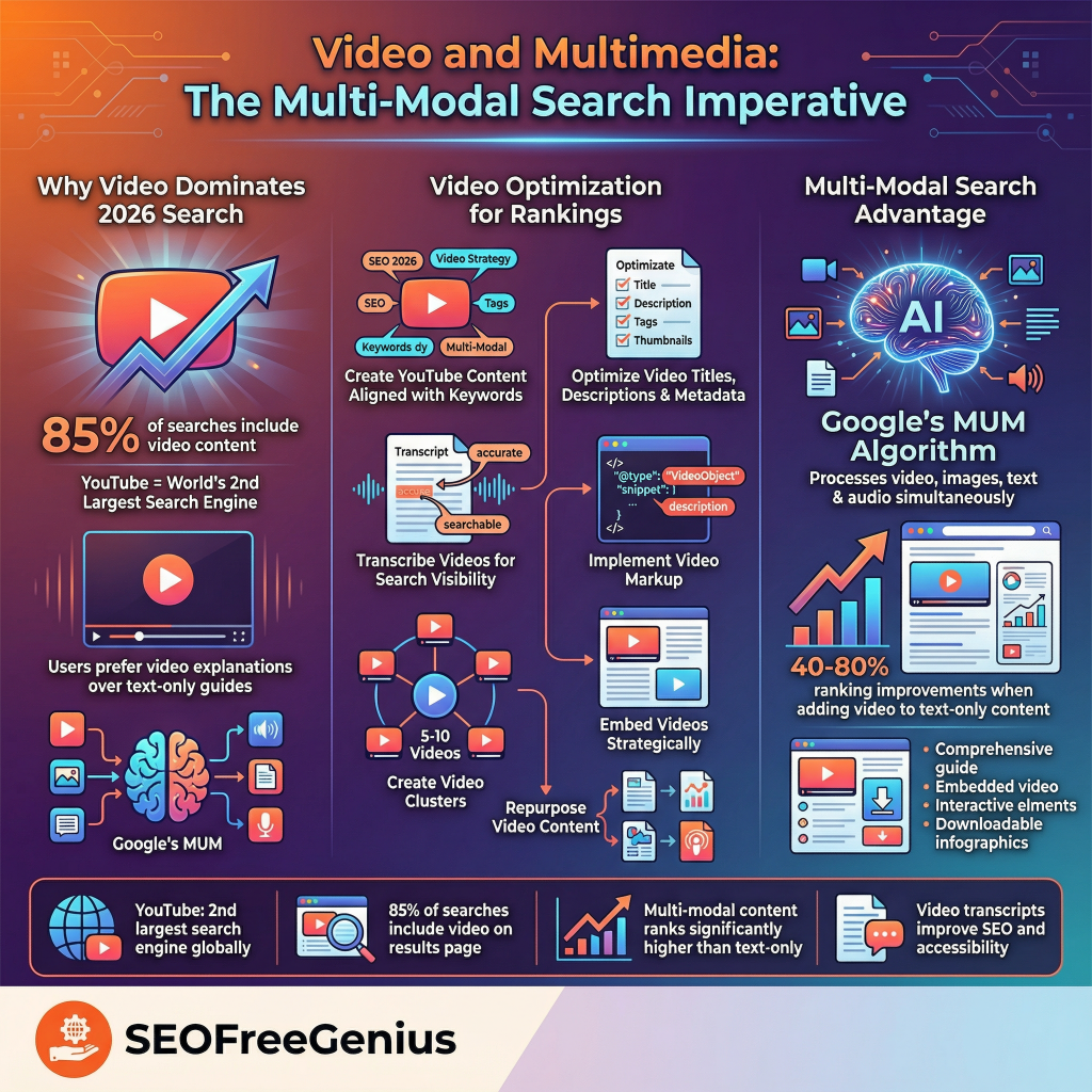 Infographic titled "5. Video and Multmedia: The Multi-Modal Search Imperative" by SEO Free Genius emphasizes why video dominates 2026 search, with 85% YouTube world's 3rd largest search including user preferred guides and 80% video in multi-modal content ranking higher. Sections detail video for rankings (create playable content, describe visuals, implement video sitemaps), multi-modal search advantage (Google MUM processes images/text/videos, embedded video 40%+ text content boost, video transcripts), and video SEO in orange-blue gradient design with play icons, graphs, and AI visuals.