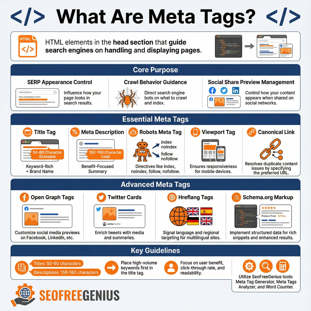  Infographic explaining What Are Meta Tags: HTML head elements for search control, SERP appearance, crawl behavior, and social previews. Features essential tags (title, description, robots, viewport, canonical), advanced (Open Graph, Twitter Cards, hreflang, Schema markup), guidelines (50-60 char titles, 140-160 char descriptions), and SeoFreeGenius tools.
