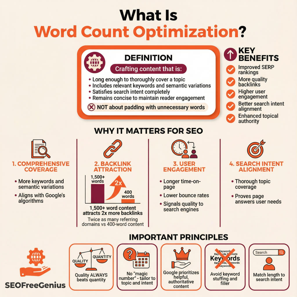 What is word count optimization infographic: Definition - Long enough to thoroughly cover topics without padding; Benefits - Better SERP rankings, user engagement; Why it matters - Comprehensive coverage, 2x backlinks for 1,500+ word content, lower bounce rates, proves topical authority; Key principles - Quality beats quantity, search intent alignment, keyword stuffing avoidance, Google E-E-A-T focus; SEOFreeGenius branding.