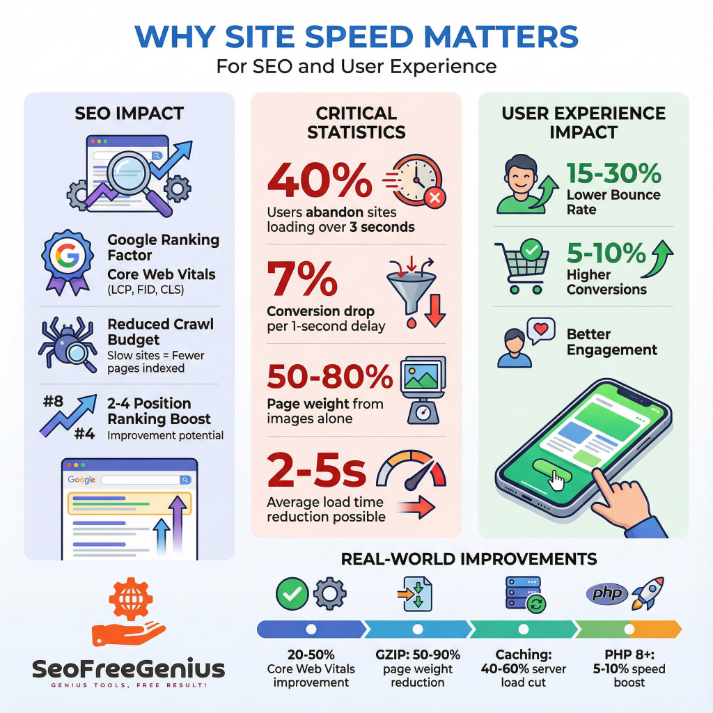 Infographic showing why site speed matters for SEO: 40% bounce rate after 3 seconds, 7% conversion drop per second, Core Web Vitals ranking factor, 15-30% lower bounce with 2-5s improvement. SEOFreeGenius tools deliver 30% gains