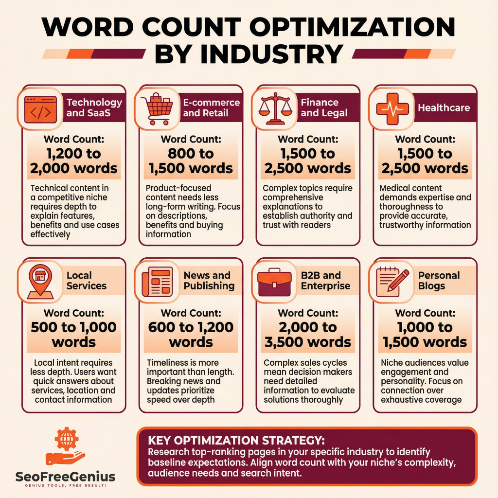 Word count optimization by industry chart: Technology/SaaS 1,200-2,000 words, E-commerce 800-1,500 words, Finance/Legal 1,500-2,500 words, Healthcare 1,500-2,500 words, Local Services 500-1,000 words, News 600-1,200 words, B2B 2,000-3,500 words, Personal Blogs 1,000-1,500 words; Research top-ranking pages; SEOFreeGenius key strategy.