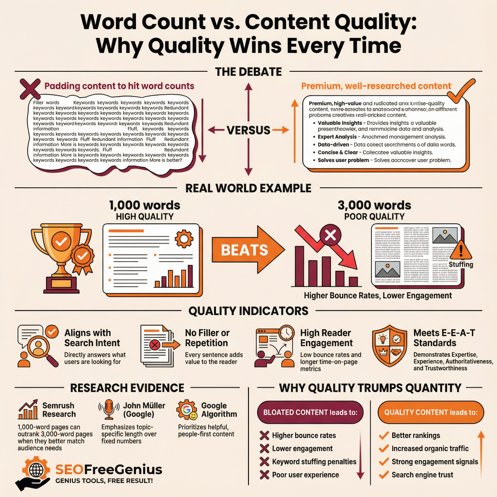 Word count vs content quality infographic: 1,000-word premium content beats 3,000-word poor quality; Padding vs real insights debate; Quality wins with higher rankings, engagement, E-E-A-T signals; Poor quality causes high bounce rates, keyword stuffing penalties; Research from Semrush, John Müller, Google; SEOFreeGenius branding.