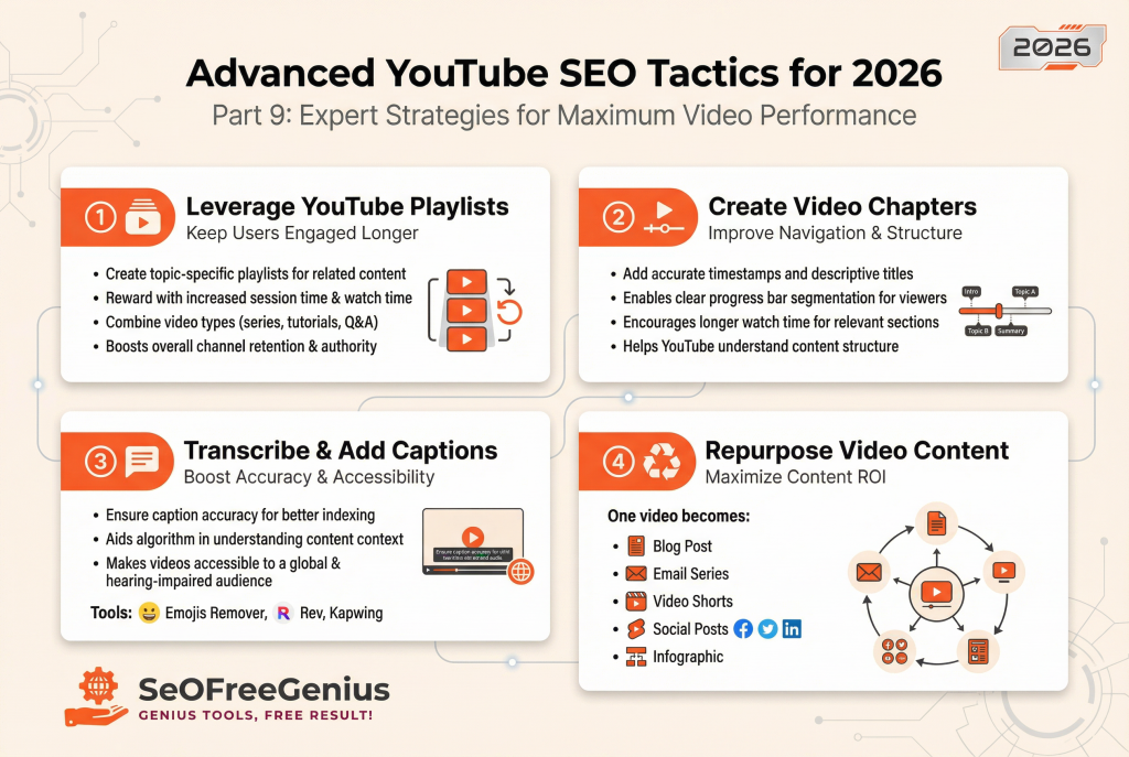 YouTube SEO 2026: Advanced YouTube SEO Tactics 2026 Infographic: Expert strategies including playlists for engagement, video chapters for navigation, accurate captions for accessibility, and content repurposing for ROI.