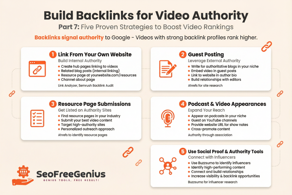 YouTube SEO 2026: Video Authority Backlink Strategy Infographic: 5 strategies to boost video rankings - Link from your own website, Guest posting, Resource page submissions, Podcast appearances, and Social proof tools like Buzzsumo.