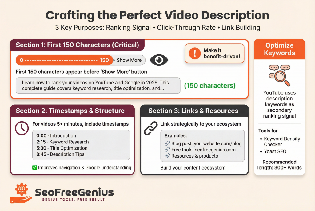 YouTube SEO 2026: YouTube Video Description Optimization Infographic: 3 sections for ranking success - First 150 characters for CTR, Timestamps for structure, and Link building resources, including SeoFreeGenius tool links.