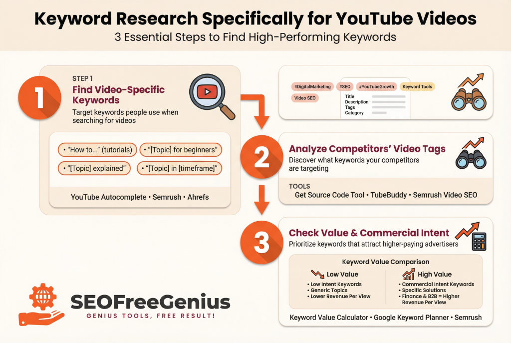 YouTube SEO 2026: YouTube Keyword Research Process Infographic: 3-step guide for finding video-specific keywords, analyzing competitor tags with Semrush and TubeBuddy, and checking commercial intent using SeoFreeGenius tools.