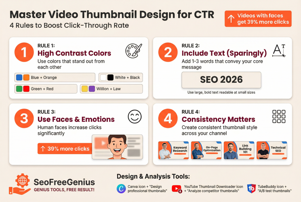 YouTube SEO 2026: YouTube Video Thumbnail Design Infographic: 4 rules for high CTR - High contrast colors, minimal text, faces with emotions, and consistent channel branding, featuring Canva and SeoFreeGenius thumbnail tools.
