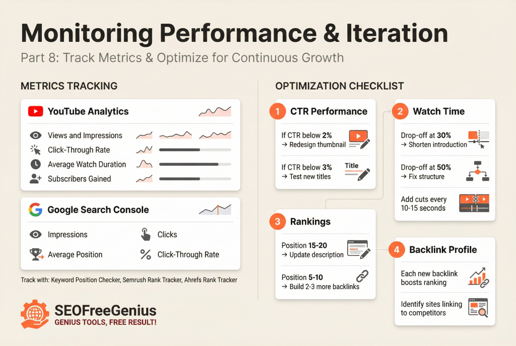 YouTube SEO 2026: YouTube Performance Monitoring Infographic: Optimization checklist for CTR, Watch Time, Rankings, and Backlink Profile, with specific tracking metrics for YouTube Analytics and Google Search Console.
