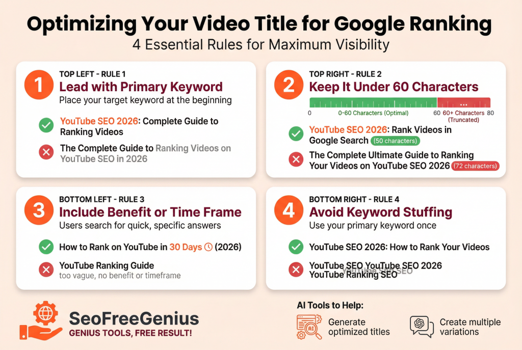 YouTube SEO 2026: YouTube Video Title Optimization Guide Infographic: 4 rules for Google ranking - lead with primary keyword, keep under 60 characters, include benefits or timeframe, and avoid keyword stuffing, with SeoFreeGenius AI tool recommendations.