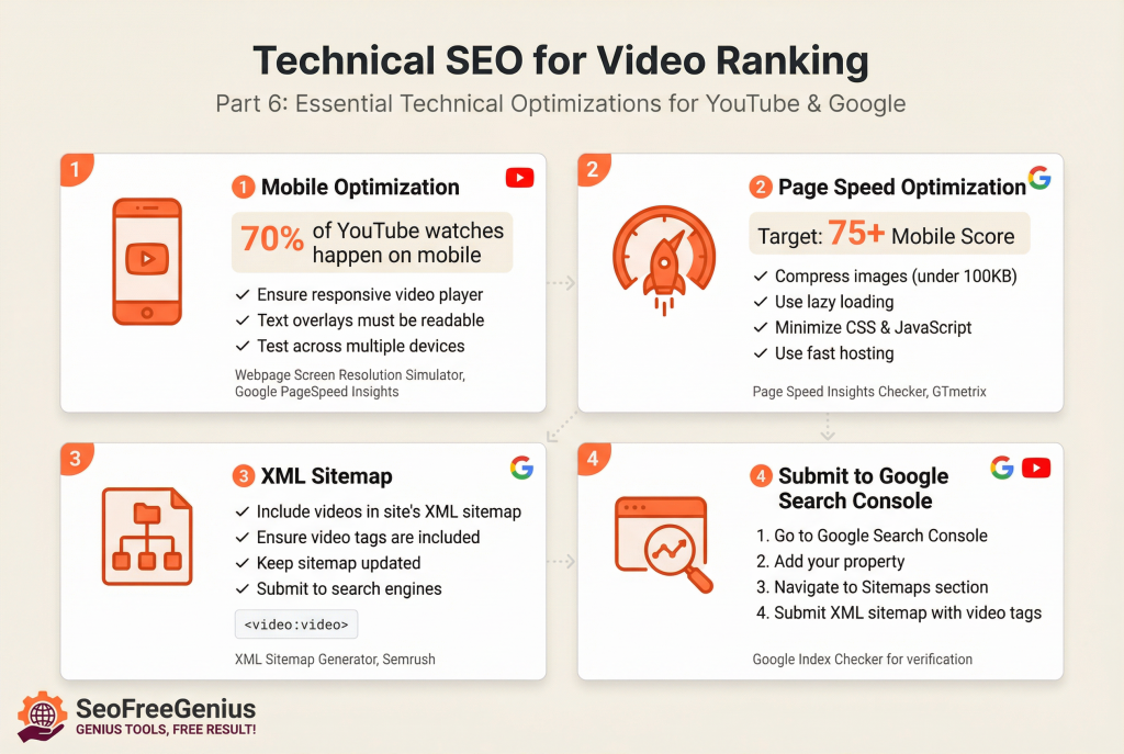 YouTube SEO 2026: Technical SEO for Video Ranking Infographic: 4 key areas - Mobile optimization for responsive players, Page speed optimization (75+ mobile score), XML sitemap inclusion, and Submission to Google Search Console by SeoFreeGenius.