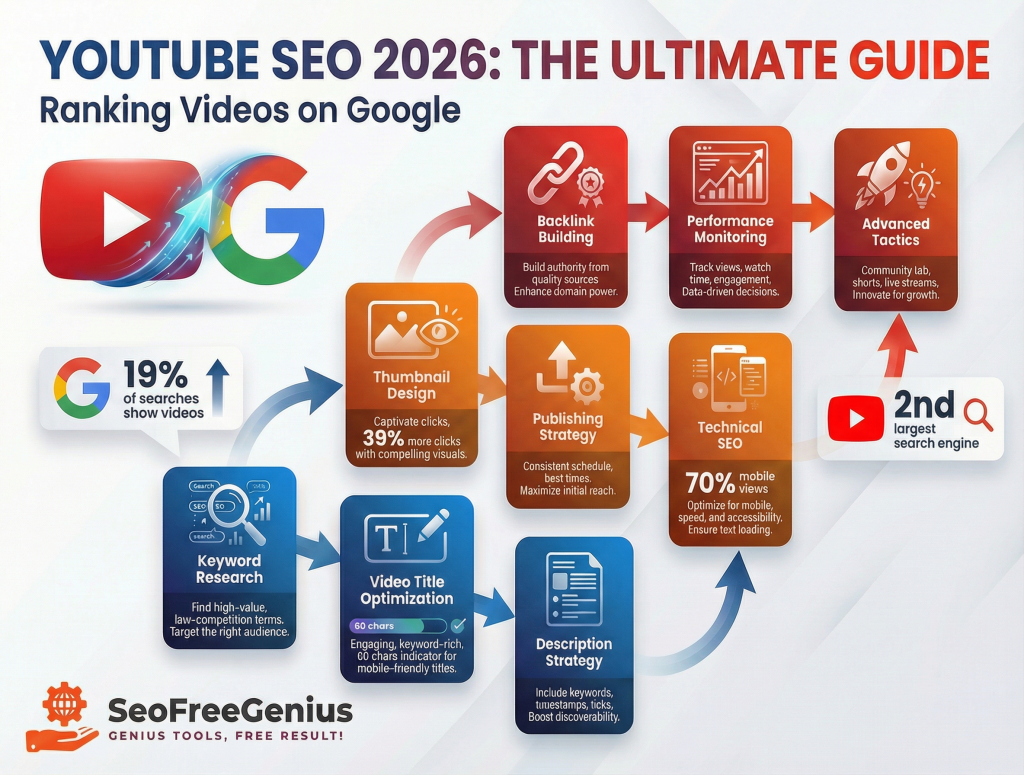 YouTube SEO 2026: Infographic: Process map for ranking videos on Google, featuring keyword research, video title optimization, thumbnail design, and backlink building strategies by SeoFreeGenius