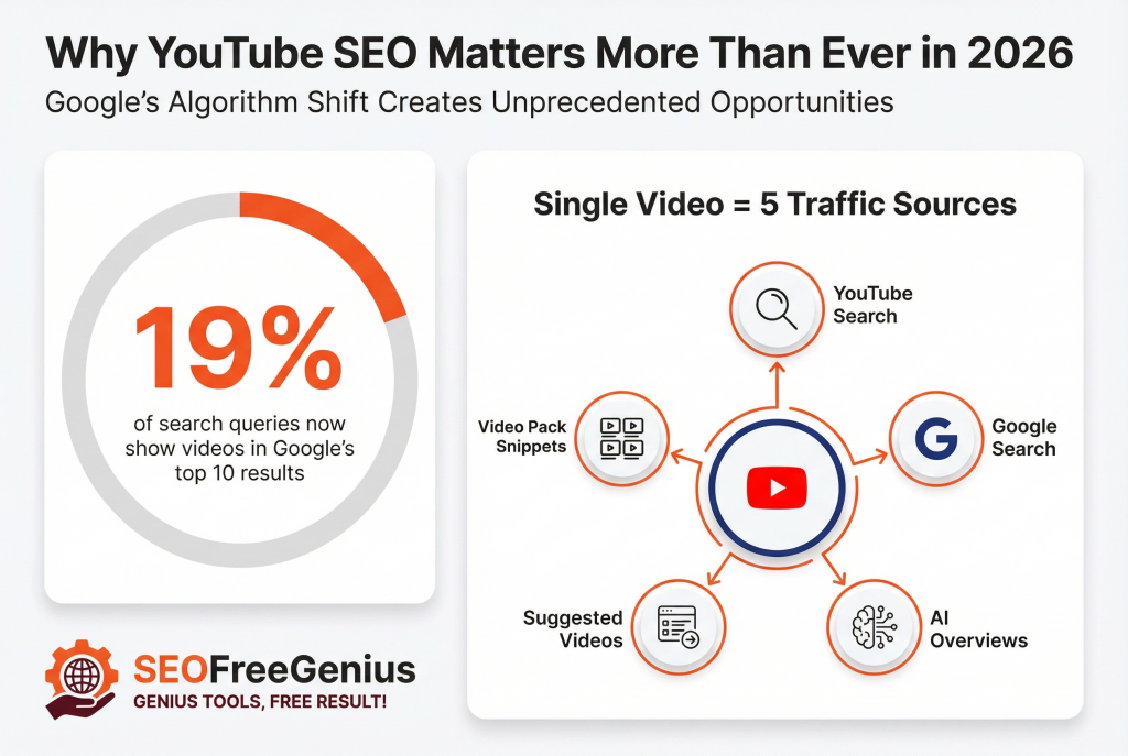YouTube SEO 2026: Why YouTube SEO Matters in 2026 Infographic: Statistics showing 19% of Google search queries display videos, highlighting traffic sources from YouTube Search, Google Search, AI Overviews, Suggested Videos, and Video Pack Snippets by SeoFreeGenius
