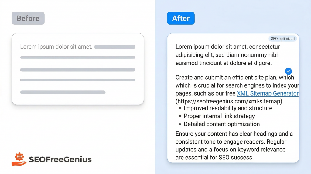 Before and after SEO content optimization split‑screen graphic showing improved paragraph with internal link to XML Sitemap Generator on SEOFreeGenius, illustrating manual content refresh and on‑page SEO best practices