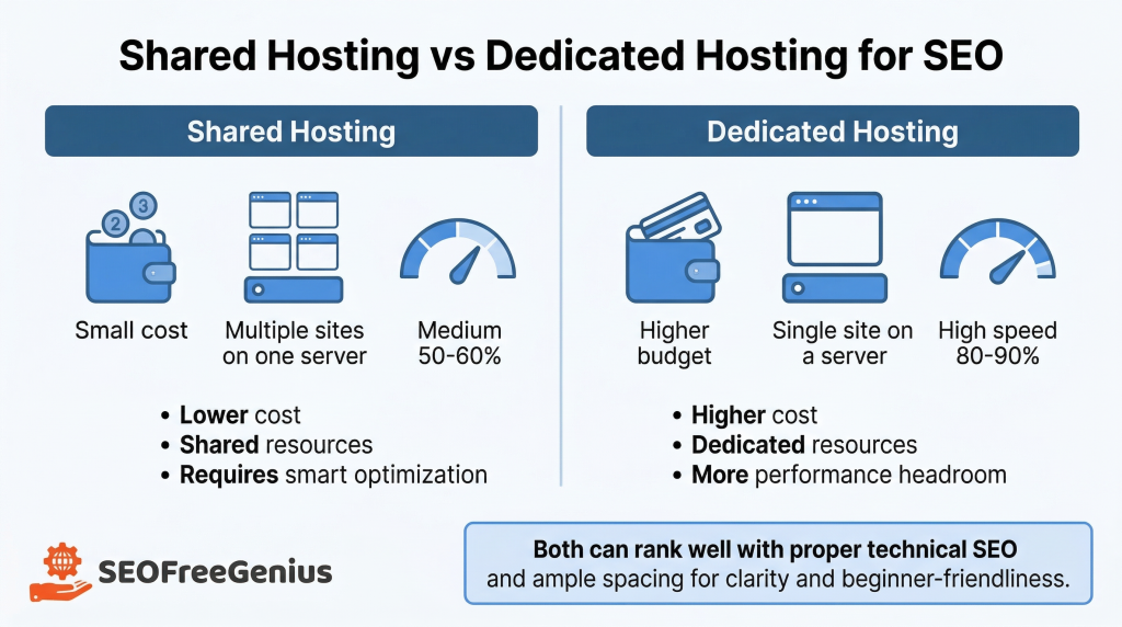 Comparison infographic of shared hosting vs dedicated hosting for SEO, showing cost, server resources, and site speed differences, with message that both shared hosting and dedicated hosting can rank well in Google search with proper technical SEO, from SEOFreeGenius