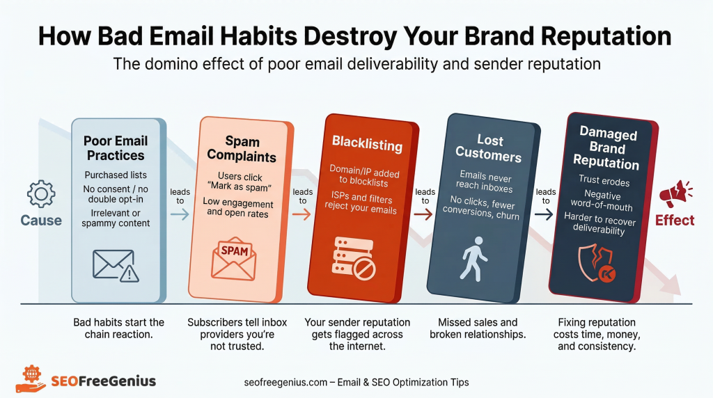 How bad email habits destroy your brand reputation – infographic showing domino effect from poor email practices and spam complaints to blacklisting, lost customers, and damaged brand reputation, SEOFreeGenius email deliverability and sender reputation tips