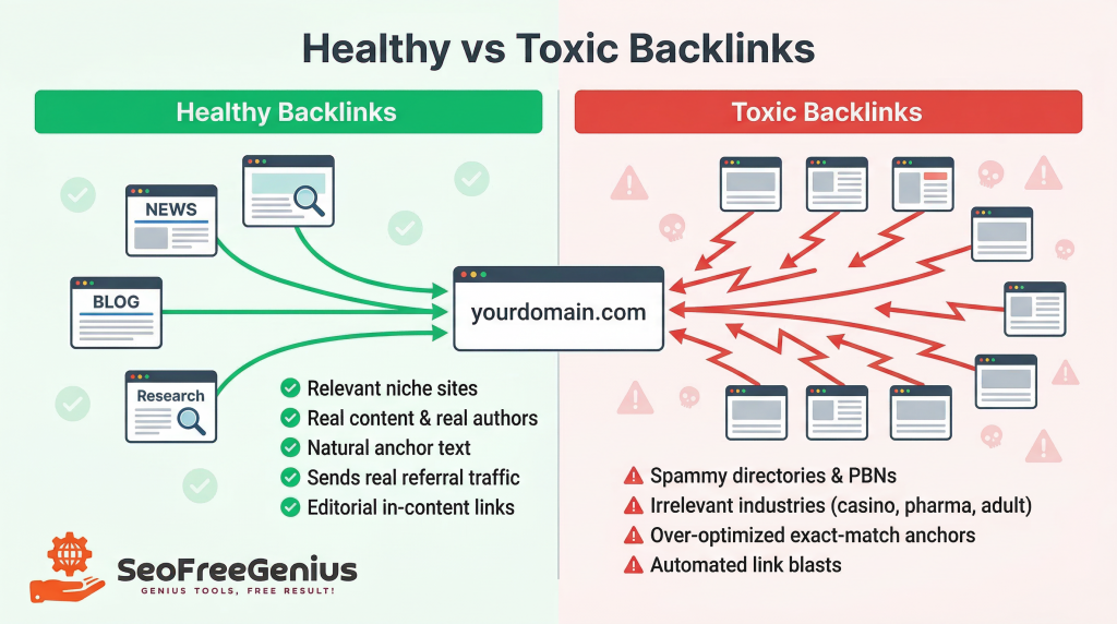 Healthy vs toxic backlinks comparison infographic showing good SEO links versus spammy link building to seofreegenius.com