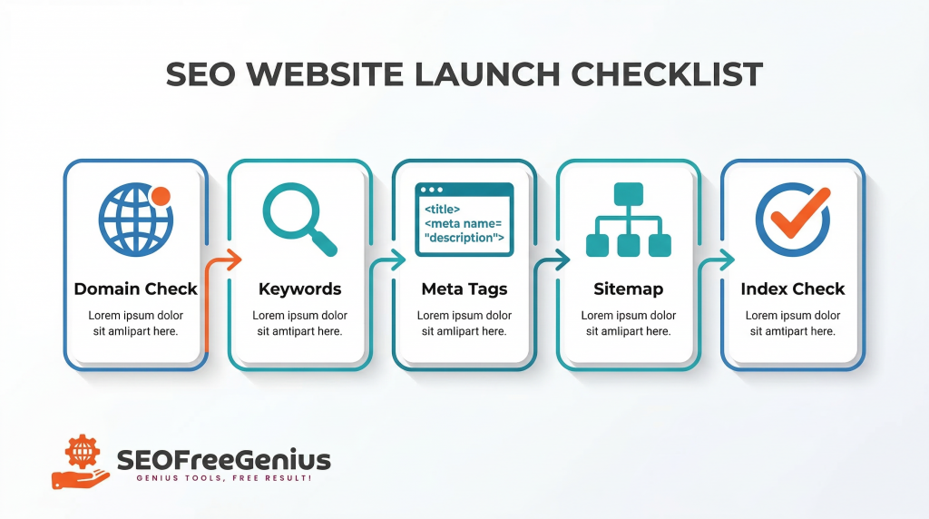 SEO website launch checklist infographic showing five phases: domain check, keywords research, meta tags optimization, XML sitemap setup, and Google index check for new websites and beginner SEO.