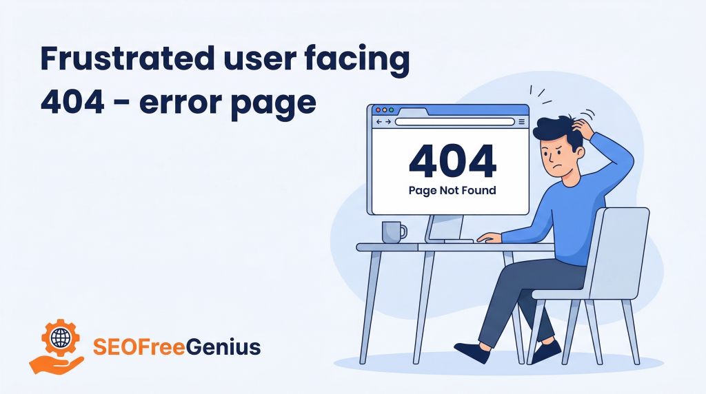 Frustrated user seeing 404 error page illustration for fixing 404 errors and redirects