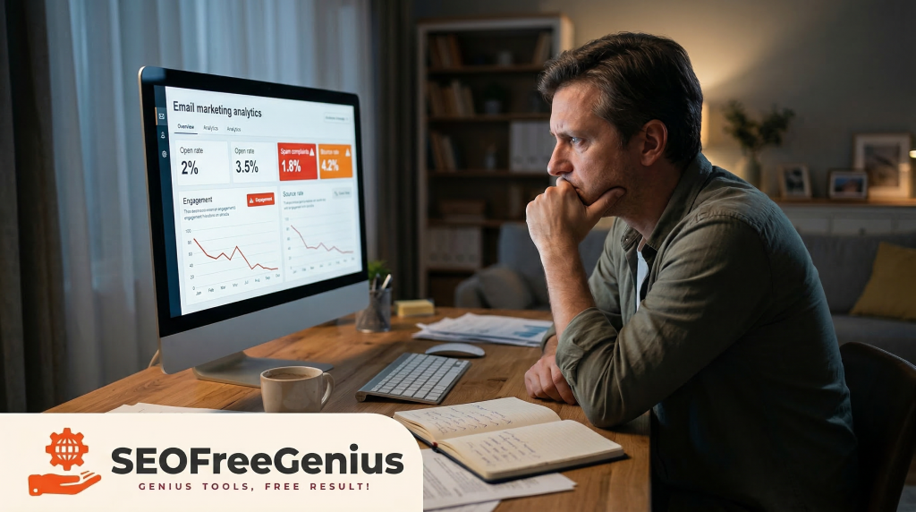 Man analyzing email marketing analytics dashboard on computer – low open rates and engagement graphs – SEOFreeGenius branding for improving email deliverability, campaign performance, and small business email marketing
