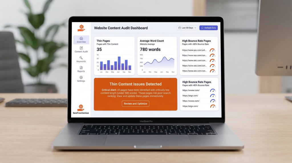 seo website content audit dashboard on laptop showing thin pages average word count high bounce rate pages and thin content issues detected for wordpress site