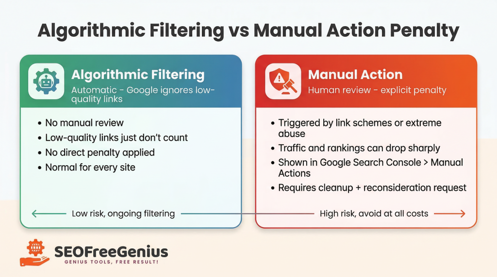 Algorithmic filtering vs manual action penalty SEO chart explaining difference between Google ignoring low quality links and applying manual link spam penalty