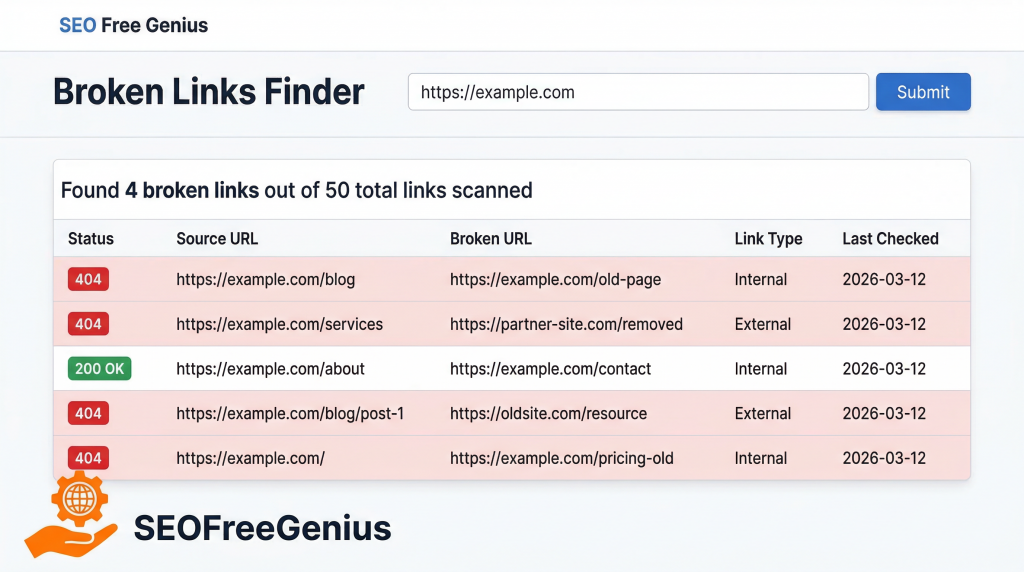 Broken Links Finder scan results showing 404 errors and broken links for SEO website audit