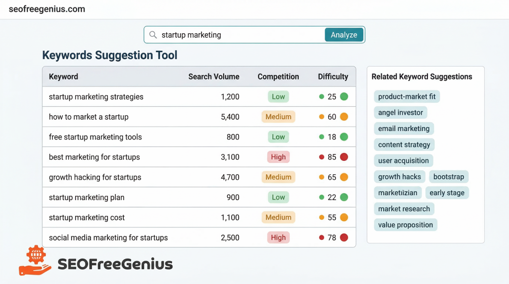 SEO Keywords Suggestion Tool interface showing startup marketing keyword ideas, search volume, competition, and difficulty scores with related keyword suggestions for SEO keyword research and content planning.