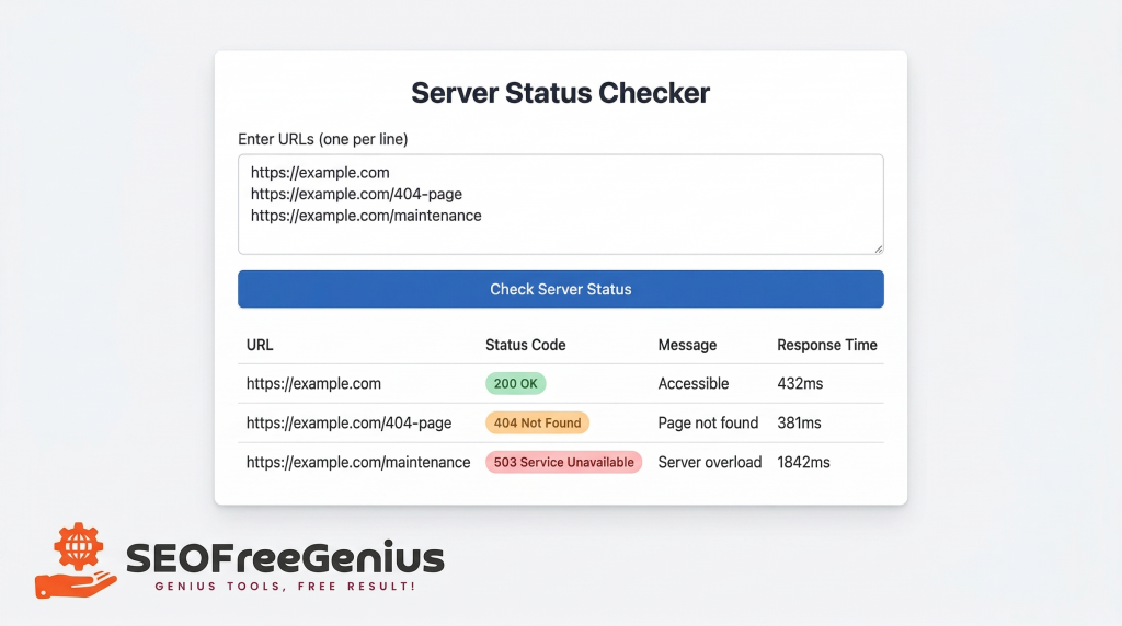Server status checker tool screenshot showing example URLs with HTTP status codes 200 OK, 404 not found, and 503 service unavailable, used for website uptime monitoring and technical SEO on SEOFreeGenius