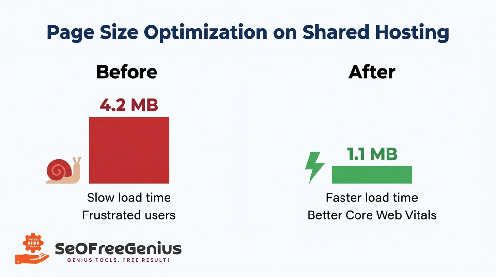 Before and after comparison graphic showing page size optimization on shared hosting, reducing webpage size from 4.2 MB to 1.1 MB for faster load time, better Core Web Vitals, and improved SEO, from SEOFreeGenius